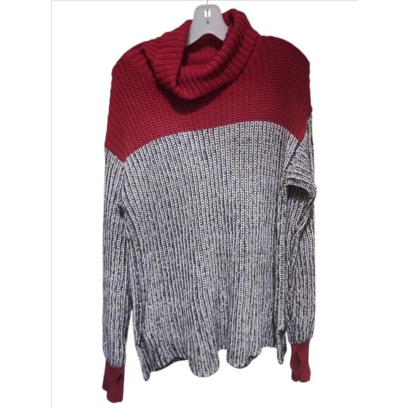 525 America Women’s Small Red Gray Colorblock Cowl Neck Chunky Knit Sweater - Picture 1 of 7